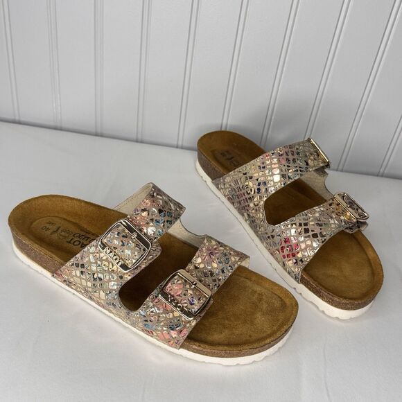 NAOT Santa Barbara Sz 9 Leather Slide w Buckle  Metallic Mosaic Snake Colorful - Picture 2 of 8